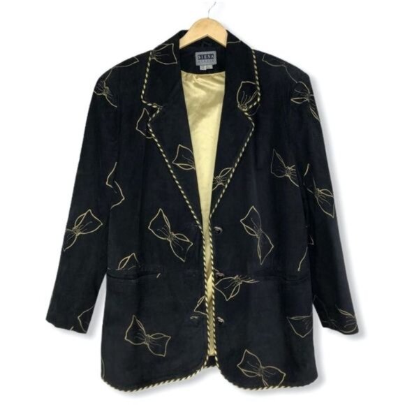 90’s Vintage Black Leather Bow Print Crystal Heart Button Blazer Jacket - Picture 4 of 13